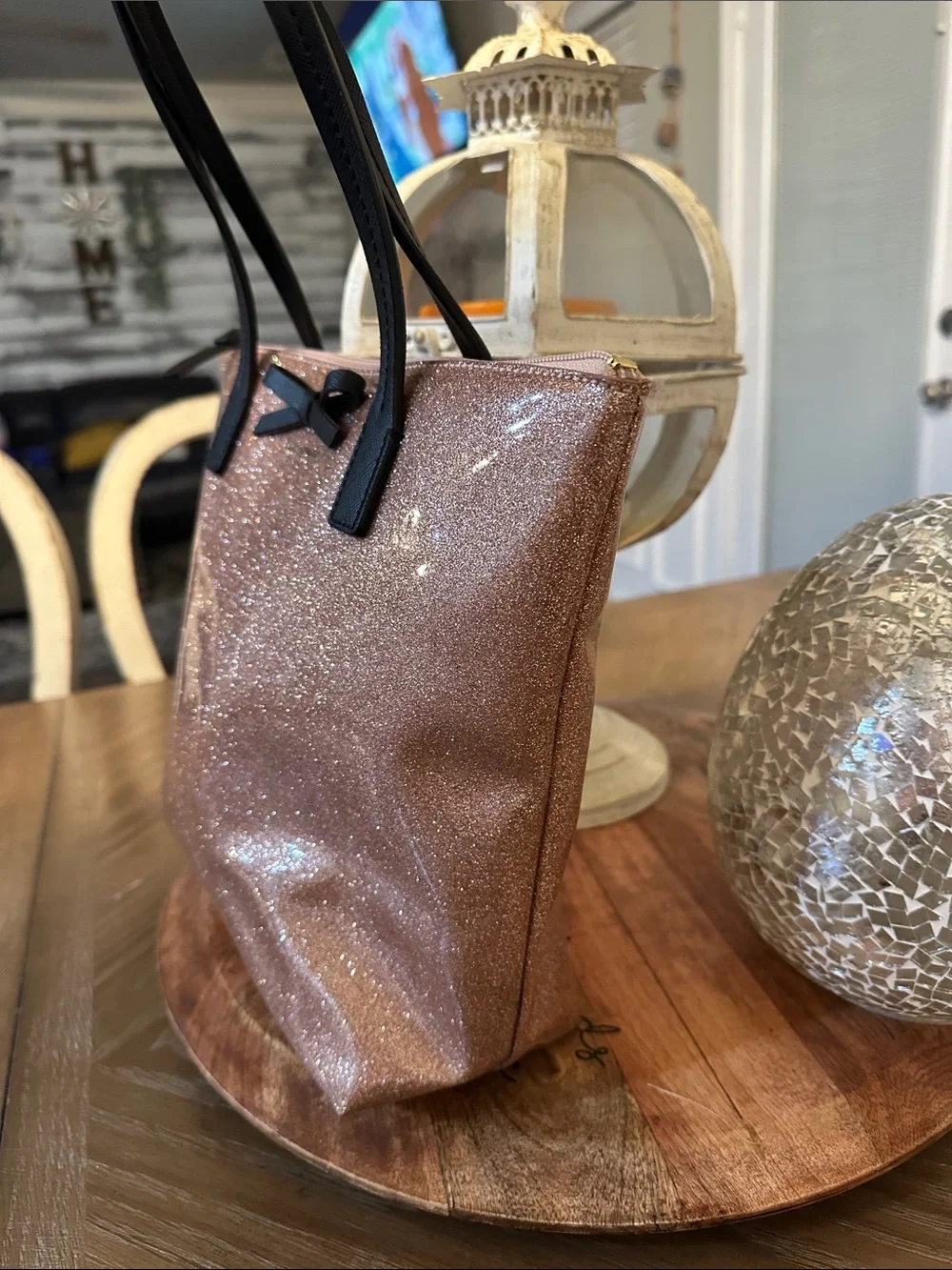 kate spade Rose Gold Glitter Tote with Black Handles - Picture 2 of 11